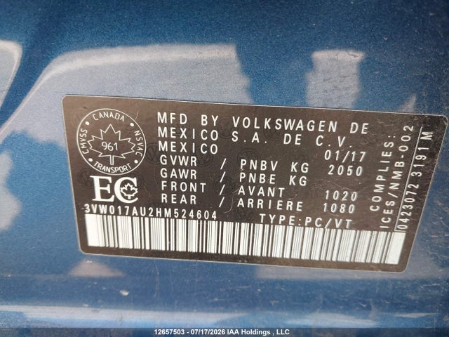 Aukcja sprzedaży 2017 Volkswagen Golf Sportwagen, vin: 3VW017AU2HM524604, numer aukcji: 12657503