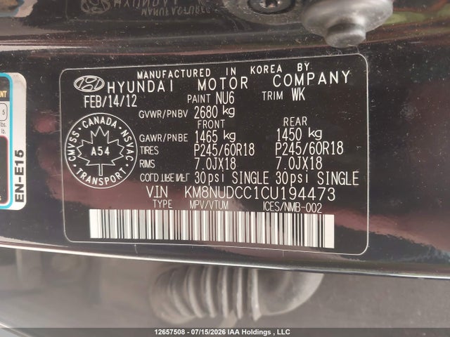 Aukcja sprzedaży 2012 Hyundai Veracruz Gls/limited, vin: KM8NUDCC1CU194473, numer aukcji: 12657508