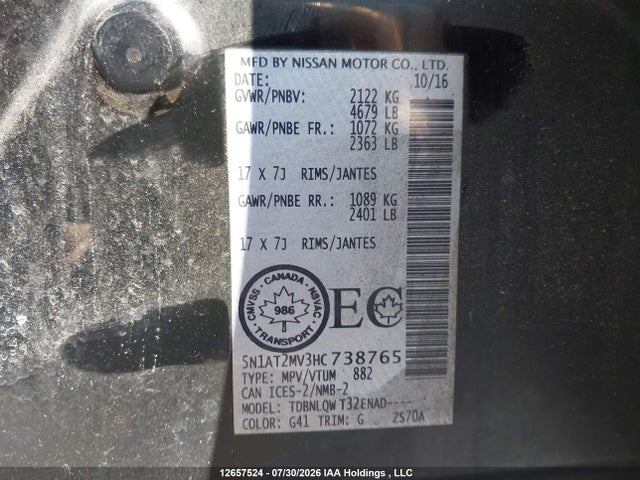 5N1AT2MV3HC738765 Nissan Rogue Sv/sl