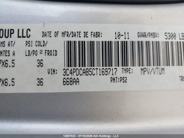 12657533 :رقم المزاد ، 3C4PDCAB5CT169717 vin ، 2012 Dodge Journey Se مزاد بيع