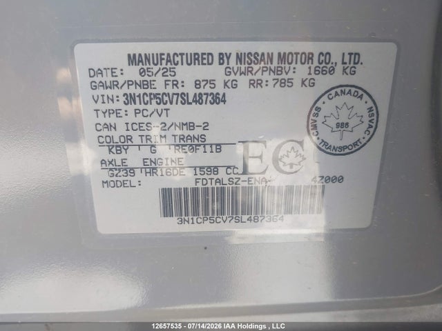 Nissan Kicks Play Sv 2025 3N1CP5CV7SL487364 Image 14