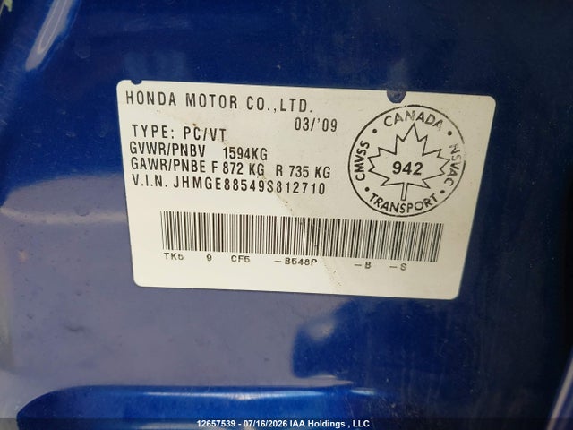12657539 :رقم المزاد ، JHMGE88549S812710 vin ، 2009 Honda Fit Lx مزاد بيع