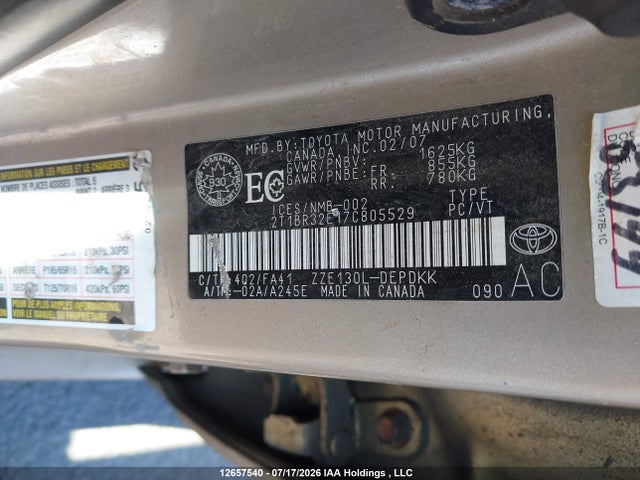 12657540 :رقم المزاد ، 2T1BR32E17C805529 vin ، 2007 Toyota Corolla Ce/le/s مزاد بيع