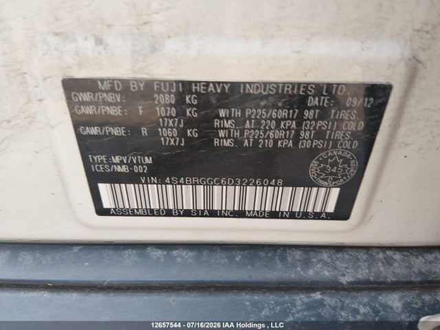 2013 Subaru Outback 2.5i Premium მანქანა იყიდება აუქციონზე, vin: 4S4BRGGC6D3226048, აუქციონის ნომერი: 12657544