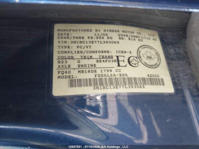 Продаж на аукціоні авто 2007 Nissan Versa S/sl, vin: 3N1BC13E77L393069, номер лоту: 12657551