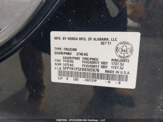 Продаж на аукціоні авто 2011 Honda Ridgeline, vin: 5FPYK1F5XBB502676, номер лоту: 12657553