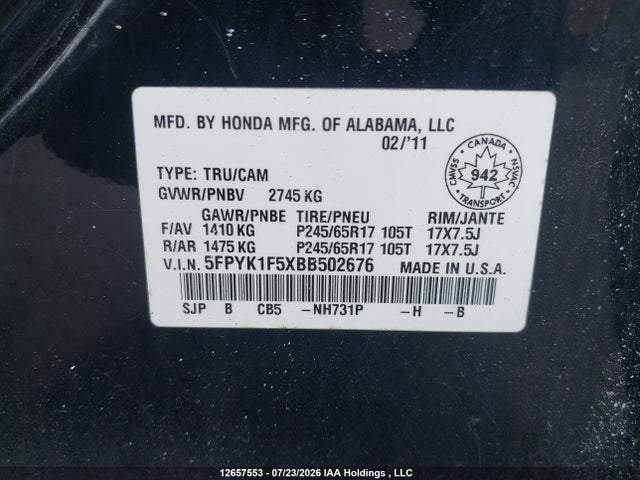 Продаж на аукціоні авто 2011 Honda Ridgeline, vin: 5FPYK1F5XBB502676, номер лоту: 12657553