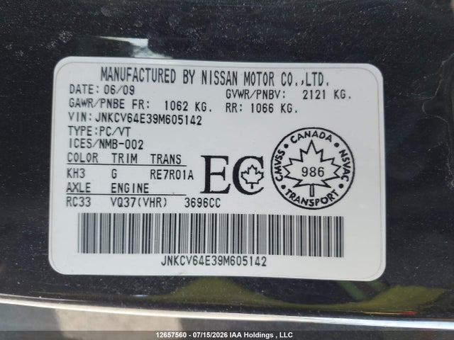 2009 Infiniti G37 Journey მანქანა იყიდება აუქციონზე, vin: JNKCV64E39M605142, აუქციონის ნომერი: 12657560