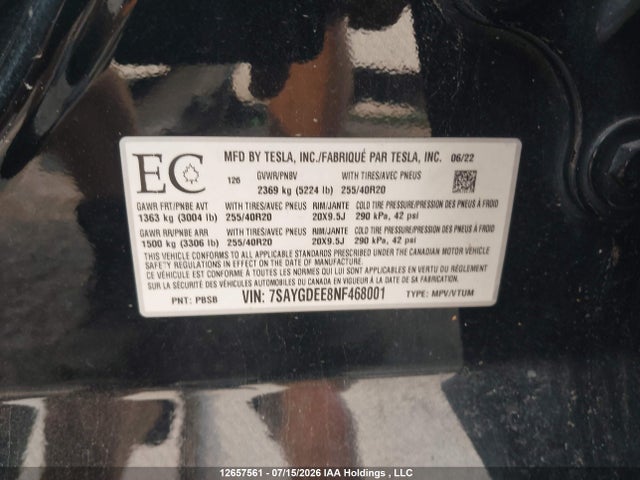 12657561 :رقم المزاد ، 7SAYGDEE8NF468001 vin ، 2022 Tesla Model Y مزاد بيع