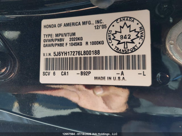 12657564 :رقم المزاد ، 5J6YH17276L800188 vin ، 2006 Honda Element مزاد بيع