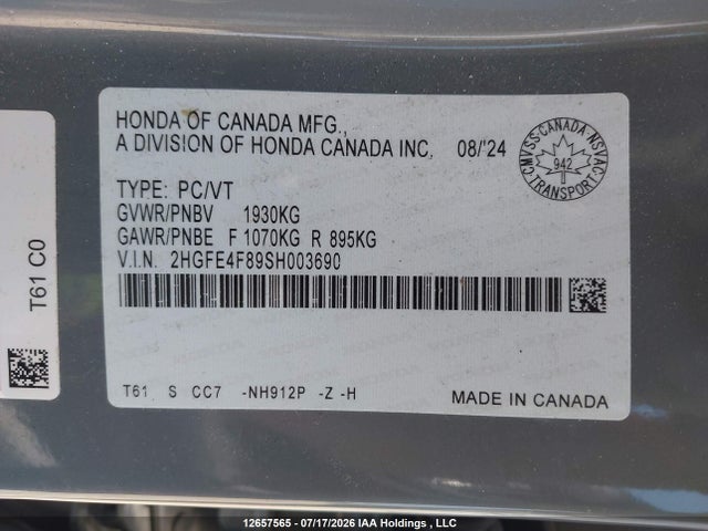 Продажа на аукционе авто 2025 Honda Civic Sport/sport Touring, vin: 2HGFE4F89SH003690, номер лота: 12657565