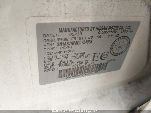 12657574 :رقم المزاد ، 3N1AB7AP8DL724033 vin ، 2013 Nissan Sentra S/sv/sr/sl مزاد بيع
