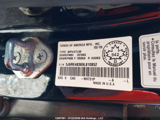 2009 Honda Cr-v Lx მანქანა იყიდება აუქციონზე, vin: 5J6RE48369L810852, აუქციონის ნომერი: 12657581