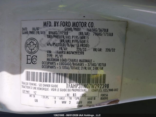 Aukcja sprzedaży 2007 Ford Focus S/se, vin: 1FAHP31N07W292398, numer aukcji: 12621005