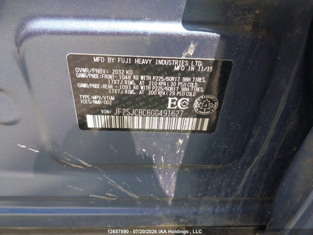 2016 Subaru Forester მანქანა იყიდება აუქციონზე, vin: JF2SJCBC6GG491627, აუქციონის ნომერი: 12657590