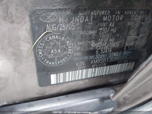 Aukcja sprzedaży 2006 Hyundai Santa Fe Gl V6, vin: KM8SB13D86U062427, numer aukcji: 12657597