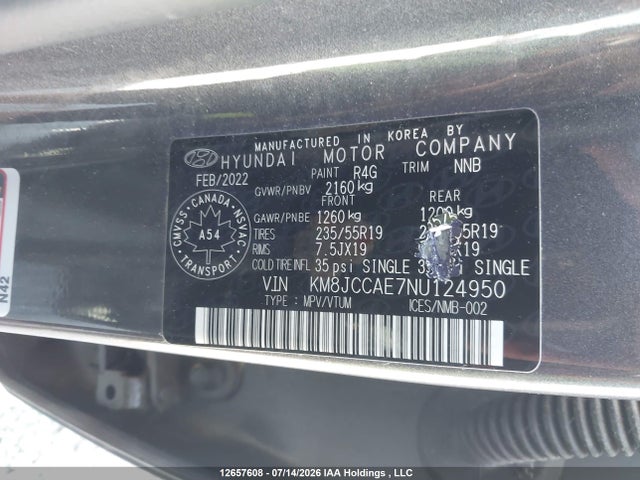 Aukcja sprzedaży 2022 Hyundai Tucson Sel, vin: KM8JCCAE7NU124950, numer aukcji: 12657608
