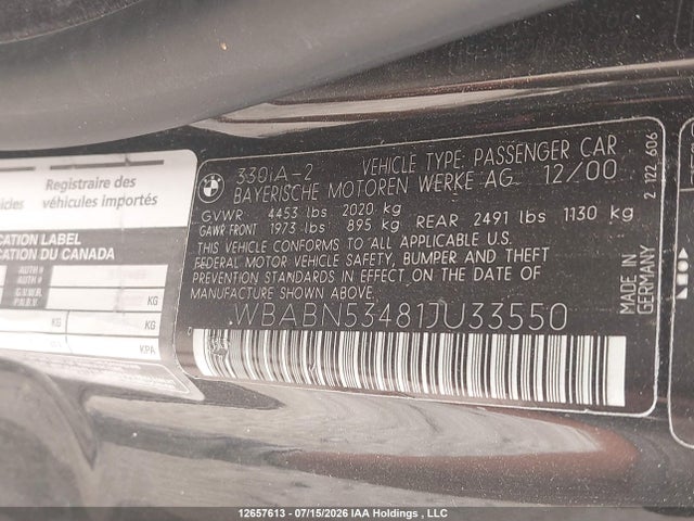 Aukcja sprzedaży 2001 Bmw 330 Ci, vin: WBABN53481JU33550, numer aukcji: 12657613