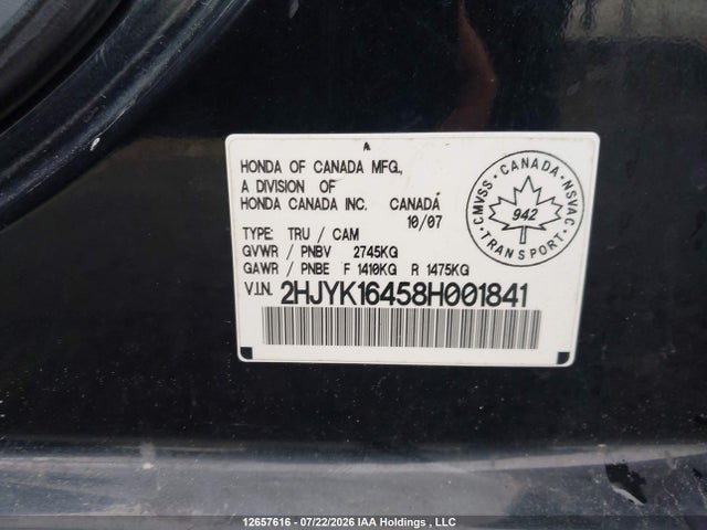 Продаж на аукціоні авто 2008 Honda Ridgeline Lx, vin: 2HJYK16458H001841, номер лоту: 12657616