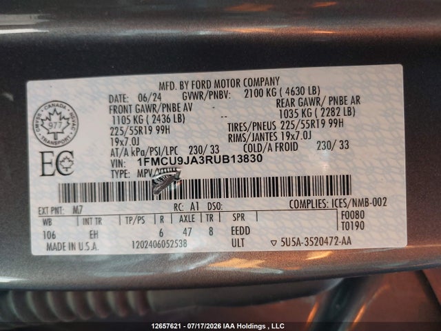 Продаж на аукціоні авто 2024 Ford Escape Platinum, vin: 1FMCU9JA3RUB13830, номер лоту: 12657621