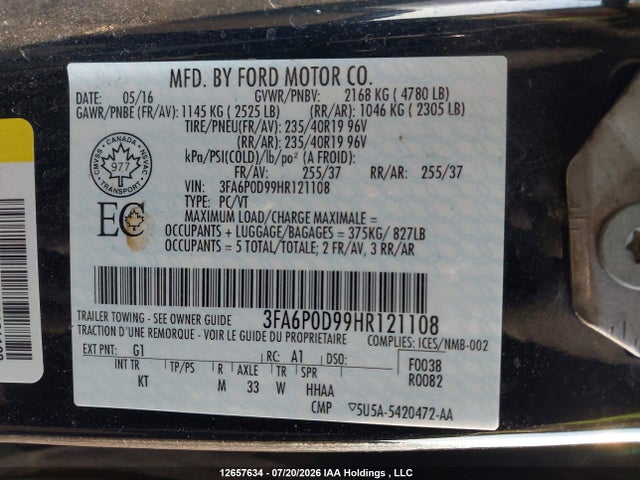 12657634 :رقم المزاد ، 3FA6P0D99HR121108 vin ، 2017 Ford Fusion Titanium مزاد بيع