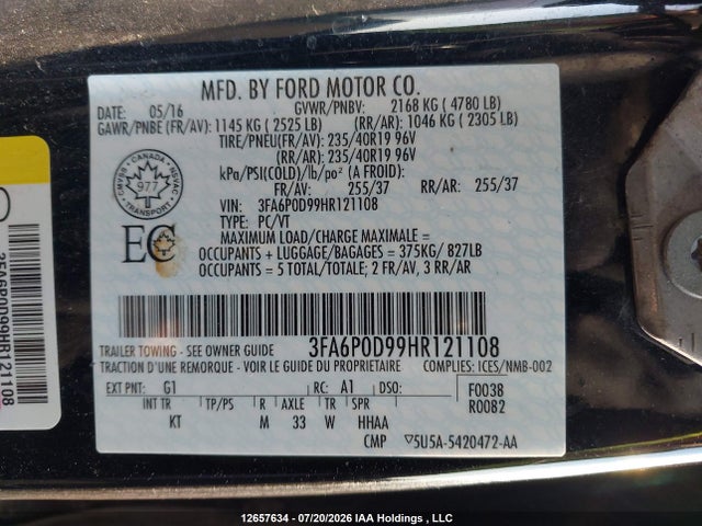 12657634 :رقم المزاد ، 3FA6P0D99HR121108 vin ، 2017 Ford Fusion Titanium مزاد بيع