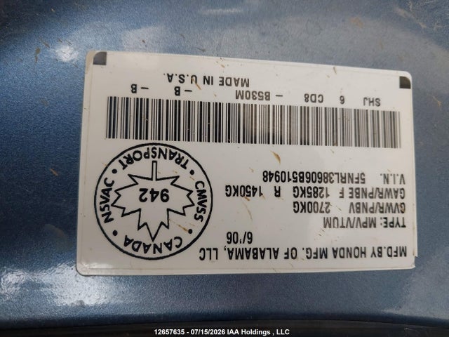 Aukcja sprzedaży 2006 Honda Odyssey Ex-l, vin: 5FNRL38606B510948, numer aukcji: 12657635