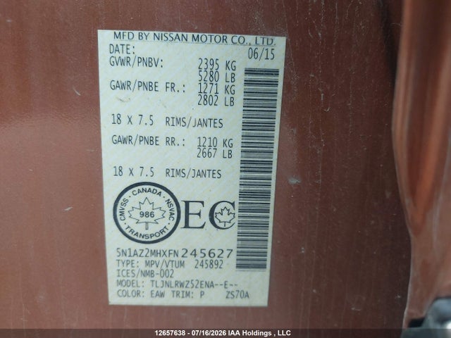 12657638 :رقم المزاد ، 5N1AZ2MHXFN245627 vin ، 2015 Nissan Murano S/sl/sv/platinum مزاد بيع