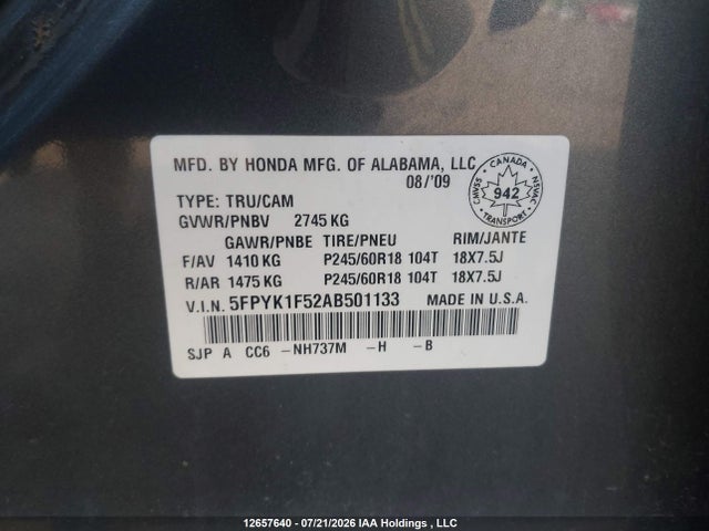 2010 Honda Ridgeline Rtl მანქანა იყიდება აუქციონზე, vin: 5FPYK1F52AB501133, აუქციონის ნომერი: 12657640