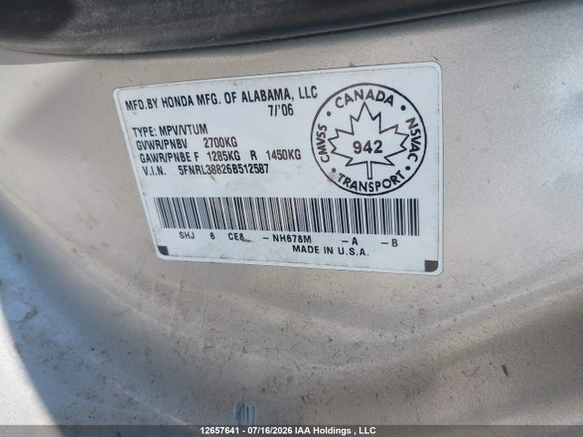 2006 Honda Odyssey მანქანა იყიდება აუქციონზე, vin: 5FNRL38826B512587, აუქციონის ნომერი: 12657641