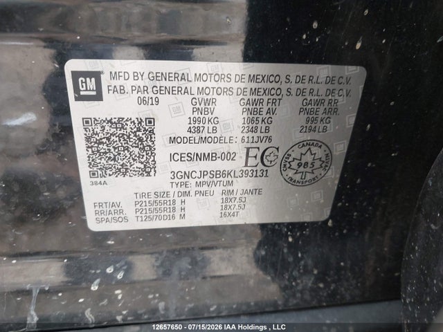 Продажа на аукционе авто 2019 Chevrolet Trax Lt, vin: 3GNCJPSB6KL393131, номер лота: 12657650