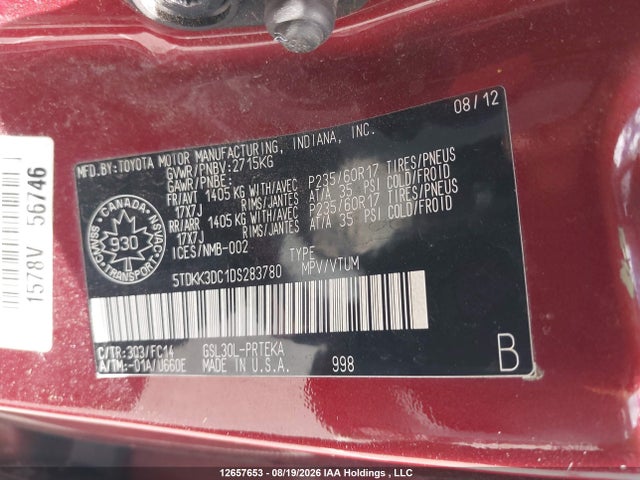 Auction sale of the 2013 Toyota Sienna Le 8 Passenger, vin: 5TDKK3DC1DS283780, lot number: 12657653