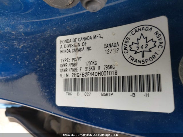 Продаж на аукціоні авто 2013 Honda Civic Lx, vin: 2HGFB2F44DH001018, номер лоту: 12657659