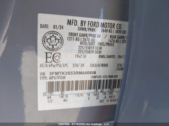 12657665 :رقم المزاد ، 3FMTK3S53RMA00808 vin ، 2024 Ford Mustang Mach-e Premium مزاد بيع