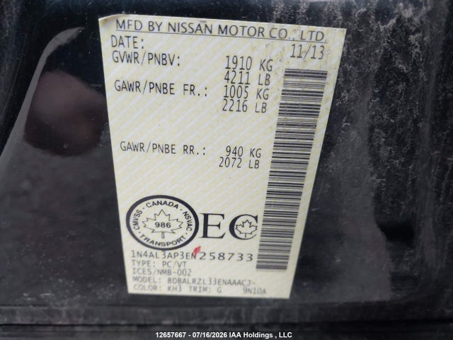 12657667 :رقم المزاد ، 1N4AL3AP3EN258733 vin ، 2014 Nissan Altima 2.5/s/sv/sl مزاد بيع