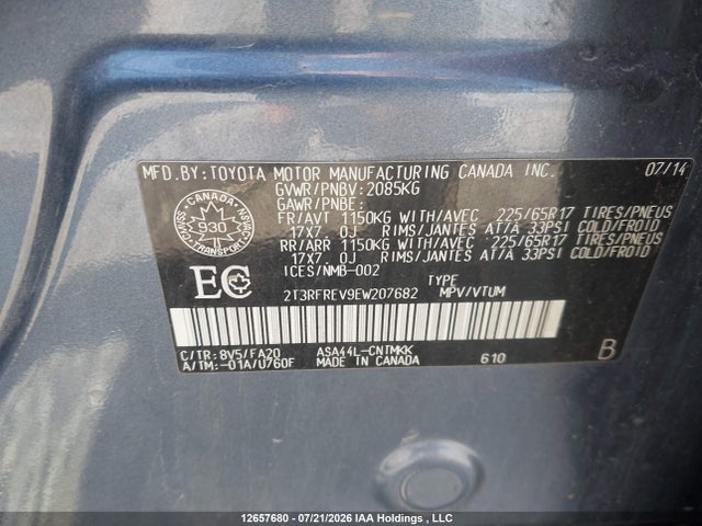 2T3RFREV9EW207682 Toyota Rav4 Xle