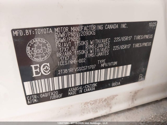 Продаж на аукціоні авто 2025 Toyota Rav4 Le, vin: 2T3B1RFV5SC571707, номер лоту: 12657690