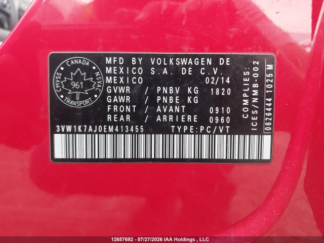 Продаж на аукціоні авто 2014 Volkswagen Jetta, vin: 3VW1K7AJ0EM413455, номер лоту: 12657692