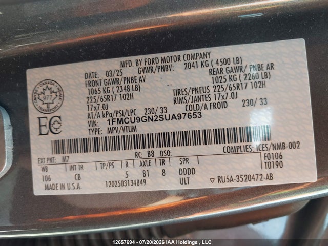 Aukcja sprzedaży 2025 Ford Escape Active, vin: 1FMCU9GN2SUA97653, numer aukcji: 12657694