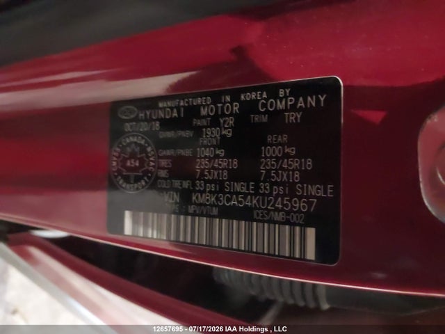 12657695 :رقم المزاد ، KM8K3CA54KU245967 vin ، 2019 Hyundai Kona 1.6t Trend مزاد بيع