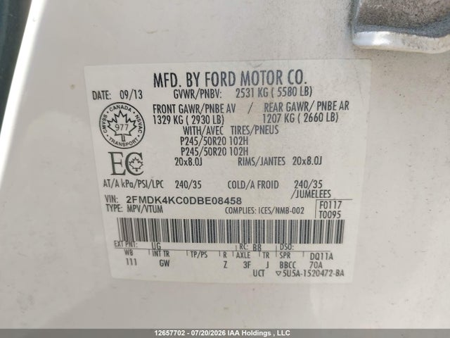 12657702 :رقم المزاد ، 2FMDK4KC0DBE08458 vin ، 2013 Ford Edge Limited مزاد بيع