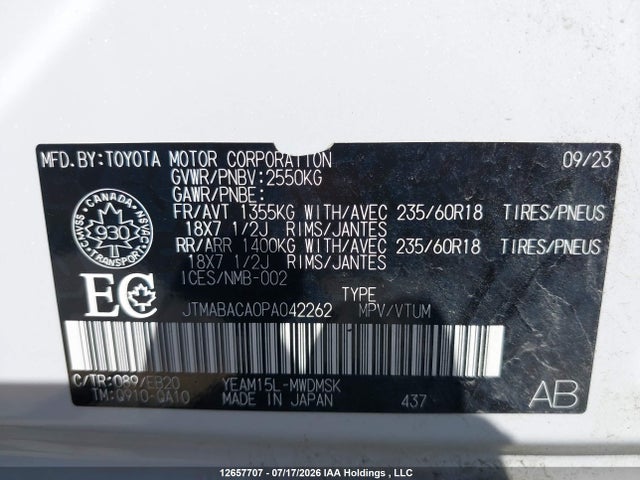 12657707 :رقم المزاد ، JTMABACA0PA042262 vin ، 2023 Toyota Bz4x Xle مزاد بيع