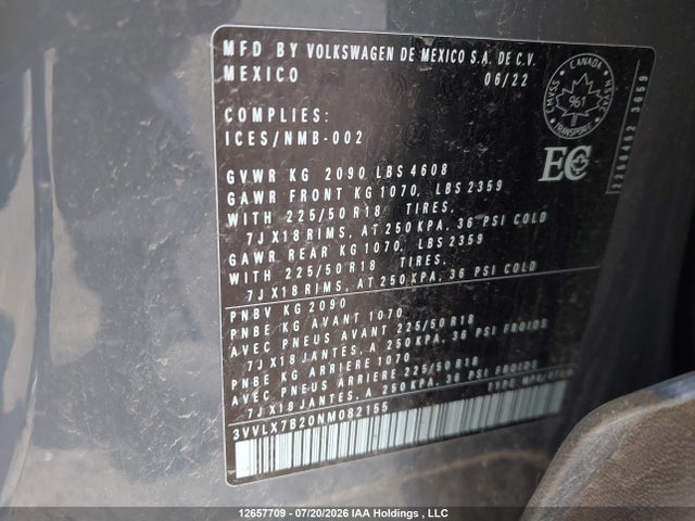 12657709 :رقم المزاد ، 3VVLX7B20NM082155 vin ، 2022 Volkswagen Taos Comfortline مزاد بيع