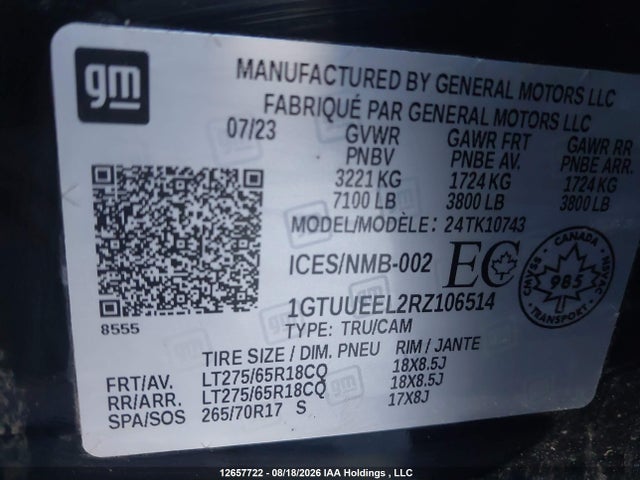 Продаж на аукціоні авто 2024 Gmc Sierra K1500 At4, vin: 1GTUUEEL2RZ106514, номер лоту: 12657722