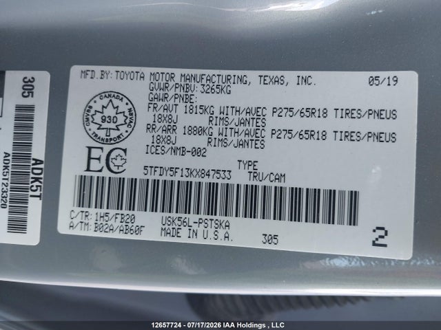 Toyota Tundra Sr5 Plus 2019 5TFDY5F13KX847533 Image 18