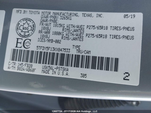 Toyota Tundra Sr5 Plus 2019 5TFDY5F13KX847533 Image 9