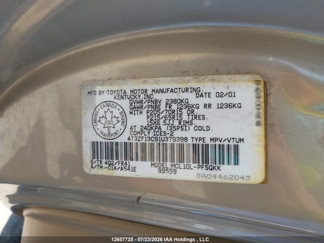 Aukcja sprzedaży 2001 Toyota Sienna Le/xle, vin: 4T3ZF13C91U379398, numer aukcji: 12657725