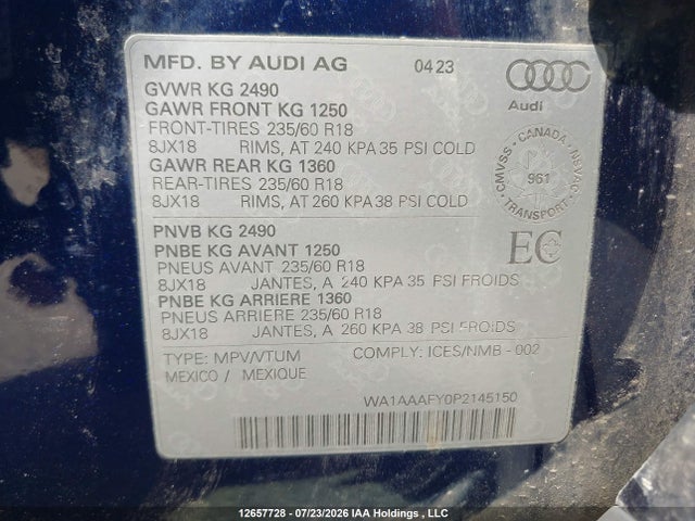 Продажа на аукционе авто 2023 Audi Q5 Komfort 45, vin: WA1AAAFY0P2145150, номер лота: 12657728