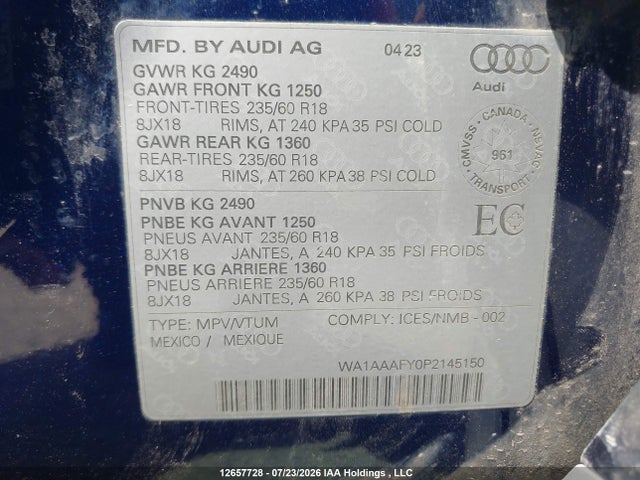 Продажа на аукционе авто 2023 Audi Q5 Komfort 45, vin: WA1AAAFY0P2145150, номер лота: 12657728