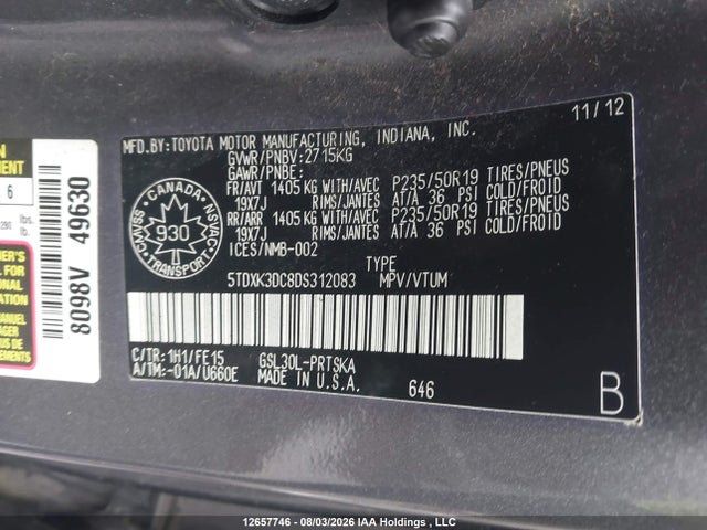 12657746 :رقم المزاد ، 5TDXK3DC8DS312083 vin ، 2013 Toyota Sienna Sport مزاد بيع